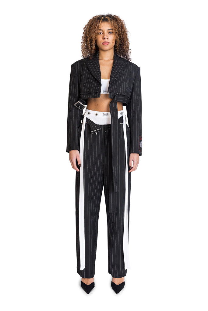 JEAN PAUL GAULTIER TAILORED JACKET WITH ZIP OFF BELT BLACK/ WHITE Light Gray