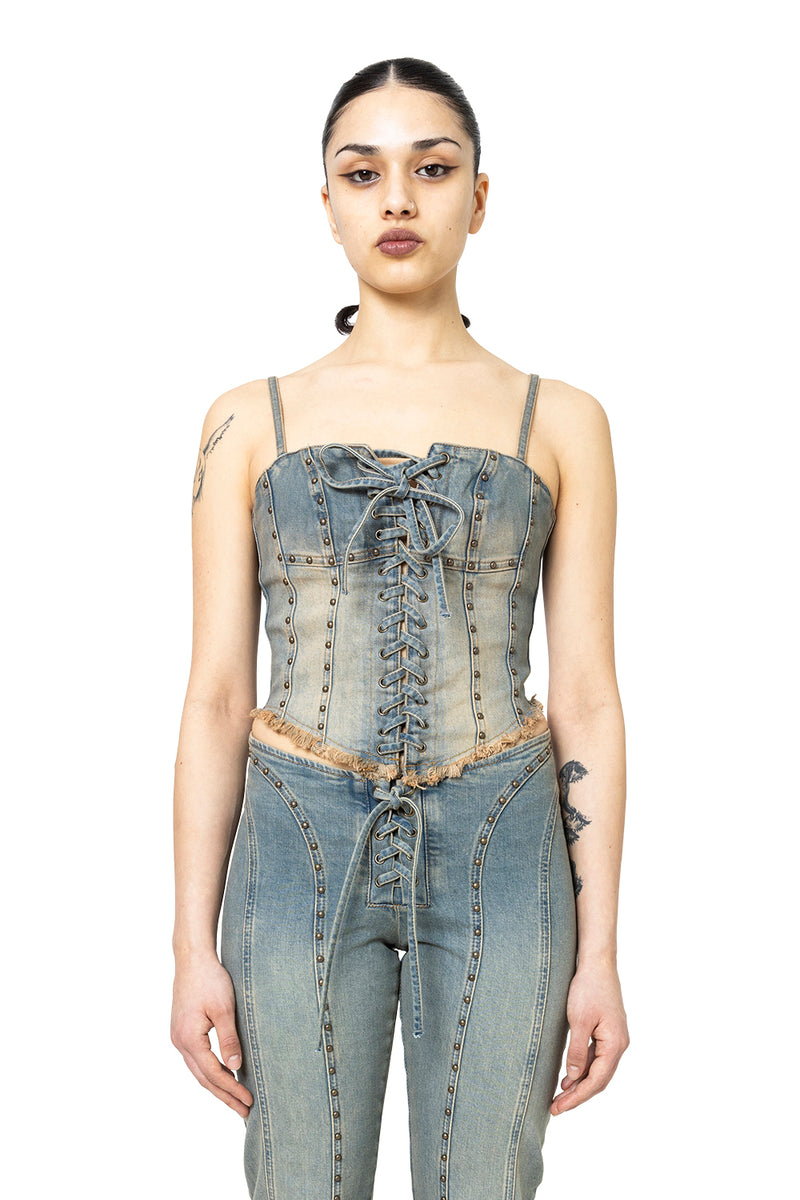 SUNSET WASH LARA LACED STUDDED DENIM CORSET – ANSH46