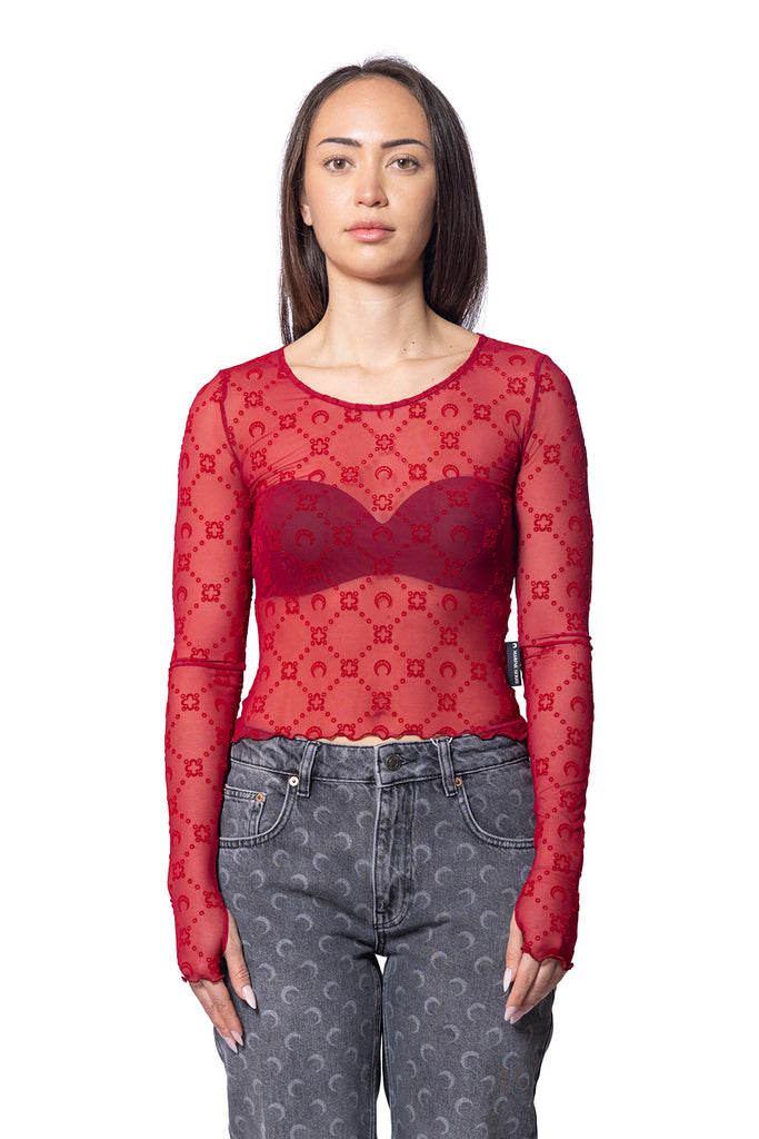 Marine Serre RECYCLED MESH FLOCK SS CROPPED TOP RIBBON RED Sienna