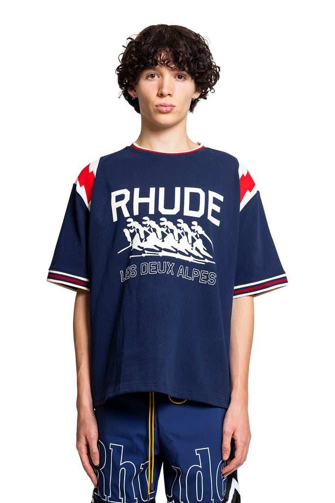 RHUDE LIGHTING RINGER TEE NAVY/OFFWHITE/RED Dark Slate Gray