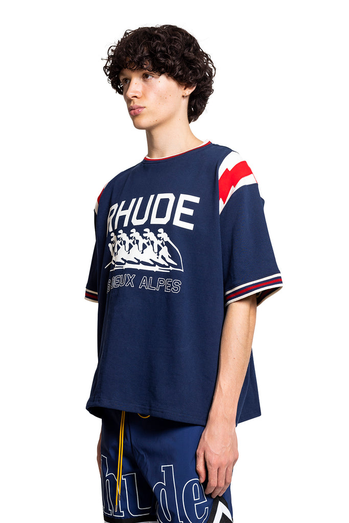 RHUDE LIGHTING RINGER TEE NAVY/OFFWHITE/RED Dark Slate Gray