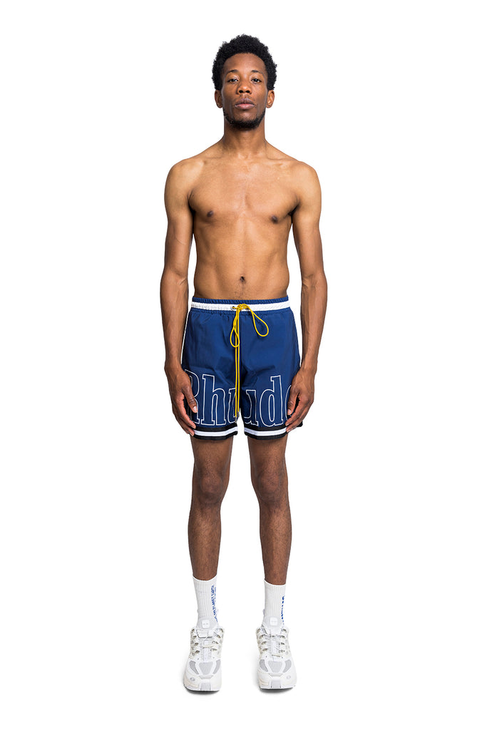 RHUDE BASKETBALL LOGO SWIM SHORT BLUE/BLACK/WHITE Rosy Brown