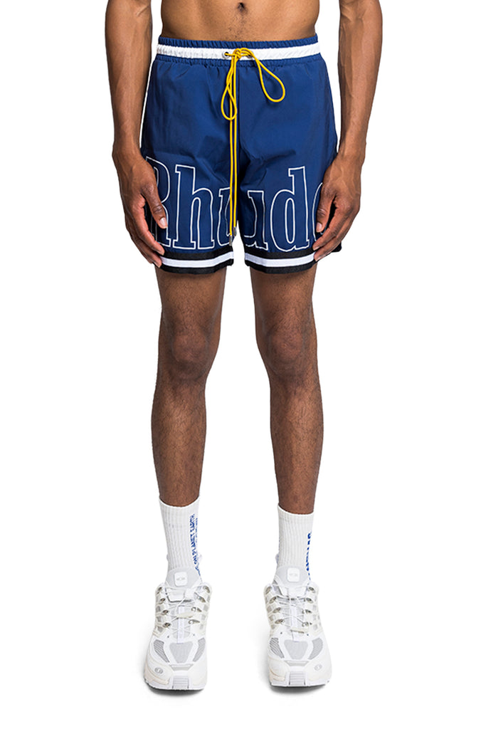 RHUDE BASKETBALL LOGO SWIM SHORT BLUE/BLACK/WHITE Dark Slate Gray