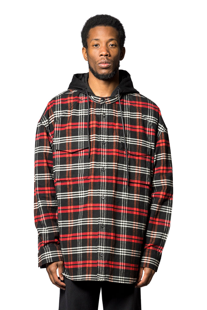 Juun.J ALPHA CHECK HOOD LAYERED SHIRT RED Dark Salmon