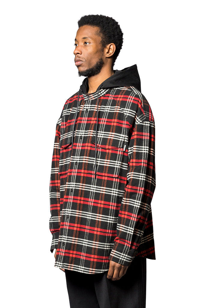 Juun.J ALPHA CHECK HOOD LAYERED SHIRT RED Dark Salmon