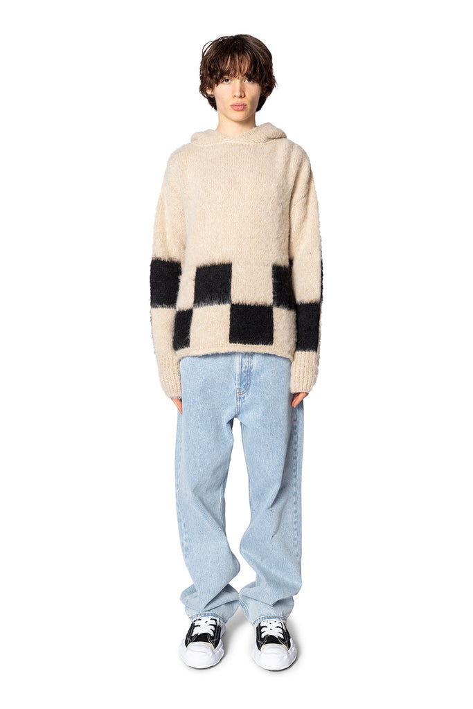 ASKYURSELF BRUSHED CHECKERED KNIT HOODIE ECRU / BLACK Light Gray