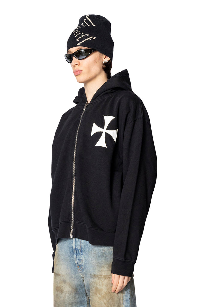 ASKYURSELF CROSS PATCH ZIP HOODIE V2 WASHED BLACK Tomato