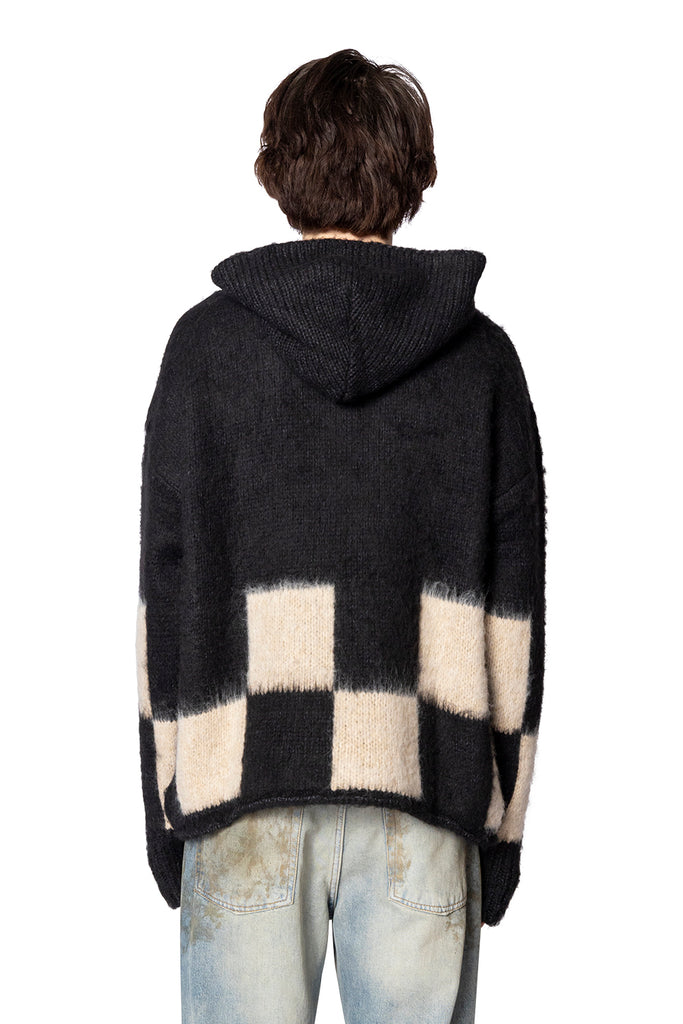 ASKYURSELF BRUSHED CHECKERED KNIT HOODIE BLACK / ECRU Gray