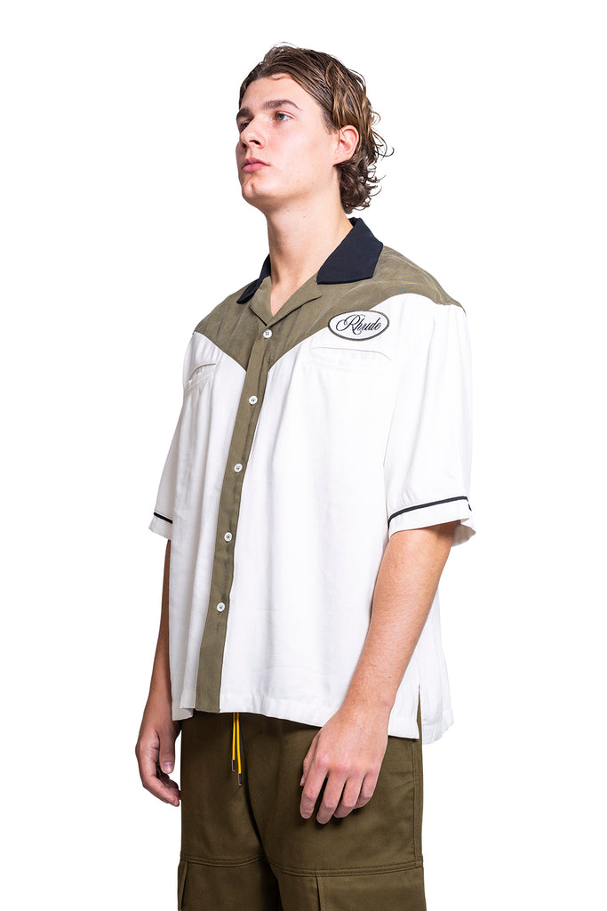 RHUDE TOWN&COUNTRY BOWLING SHIRT MILITARY GREEN/OFFWHITE Dark Slate Gray