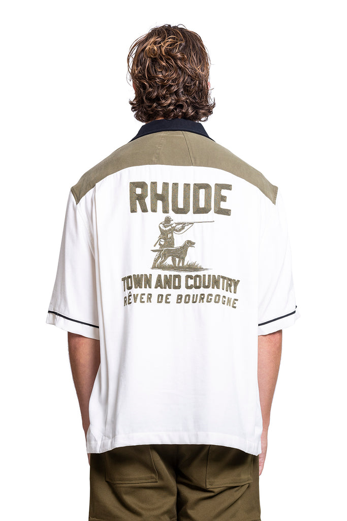 RHUDE TOWN&COUNTRY BOWLING SHIRT MILITARY GREEN/OFFWHITE Dark Slate Gray