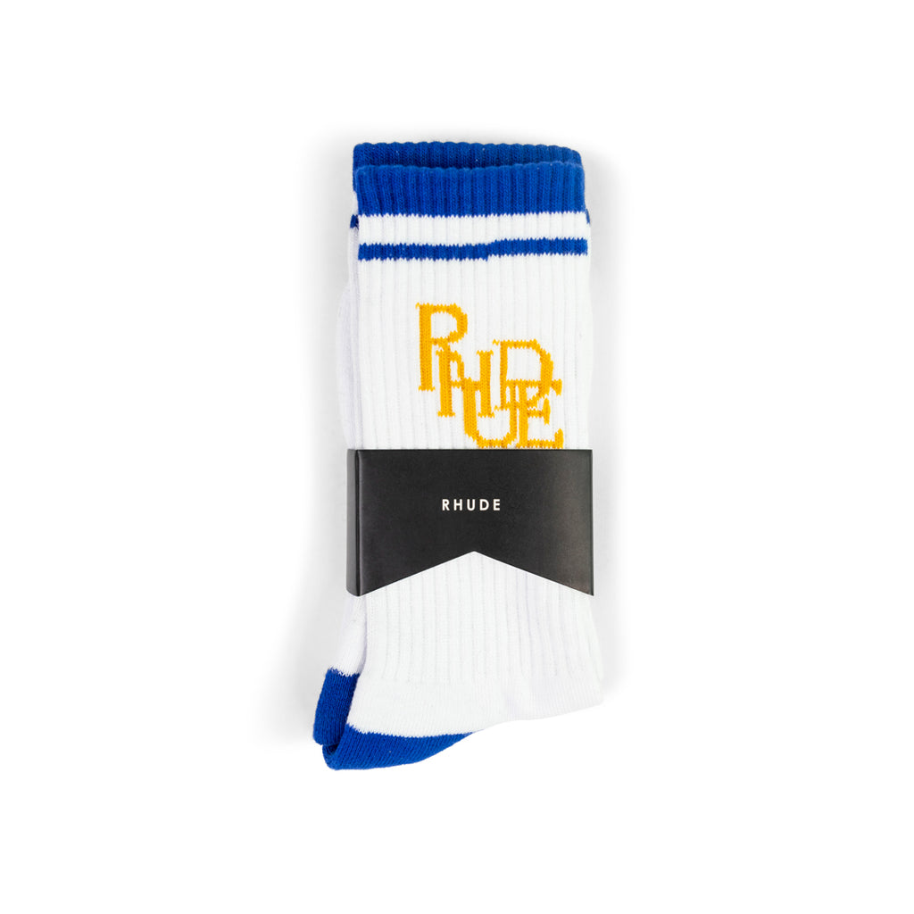 RHUDE RHUDE SCRIBBLE LOGO SOCK WHITE/MIDNIGHT BLUE/YELLOW White Smoke