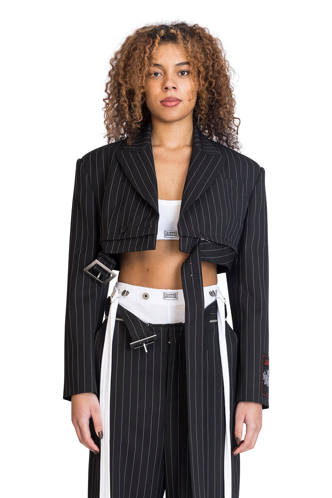 JEAN PAUL GAULTIER TAILORED JACKET WITH ZIP OFF BELT BLACK/ WHITE Tan